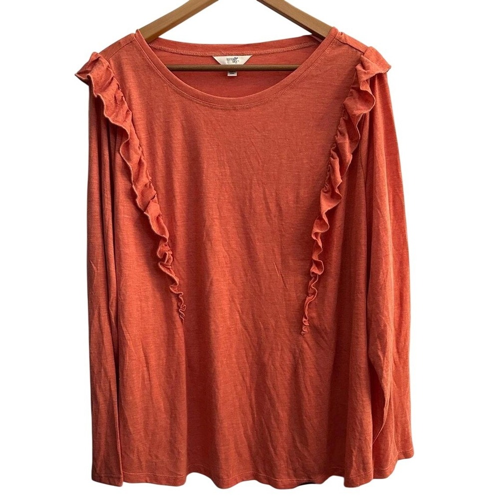 Terra & Sky Women Long‎ Sleeve Top 3X Orange Ruffle Front Round Neck Casual Knit